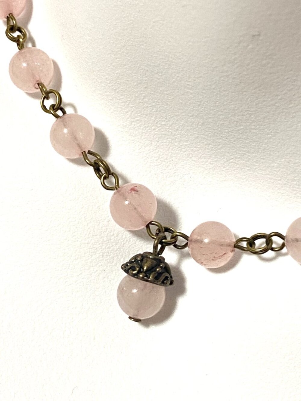 Genuine Pink Rose Quartz Short Necklace, Natural Gemstone & Bronze Acorn Charm